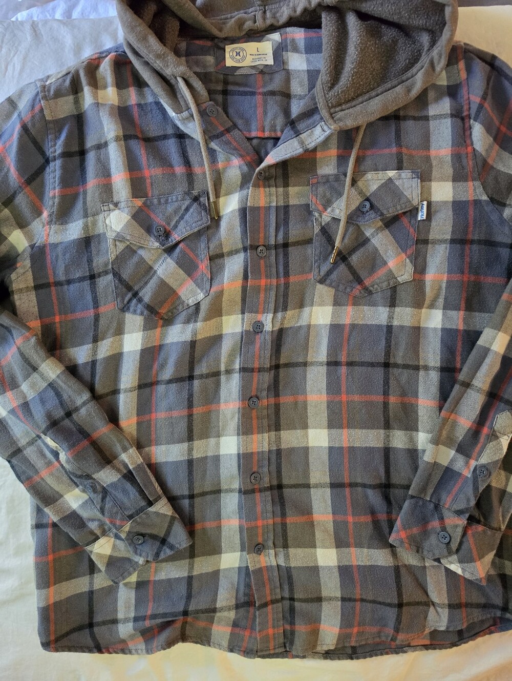 Hurley Grey Orange Plaid Hooded Button Down Flannel Shirt Large